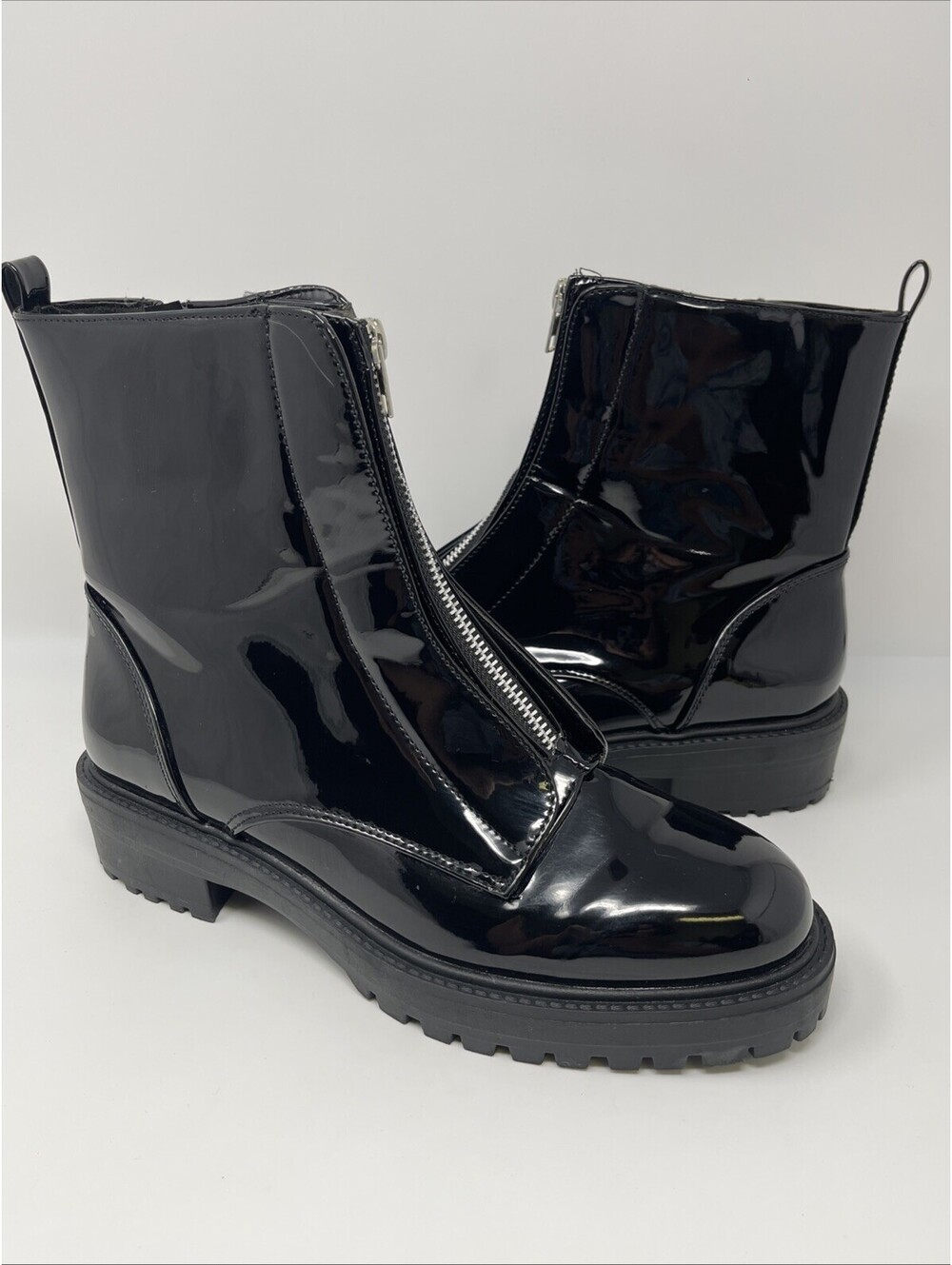 Boohoo Black Patent Chunky Lug Sole Ankle Boots Side Zip Platform Combat Bootie
